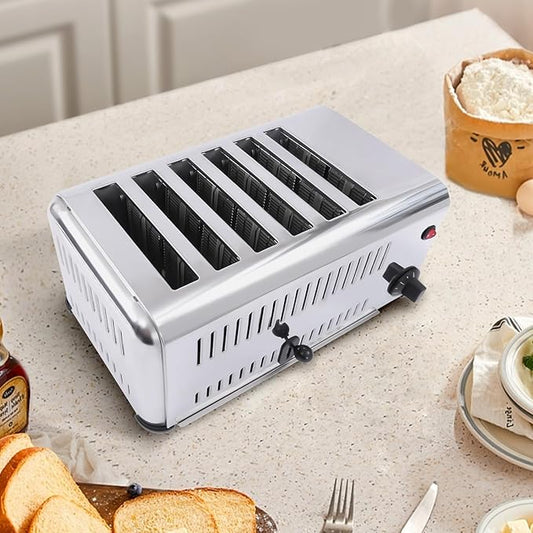 6 Slice Bread Toaster, 1680W Stainless Steel Commercial Toaster with Wide Slots, One-Piece Mold, Timing, Bread Baking Machine for Bagels Muffins Waffles (Home, Restaurant, Bakery)