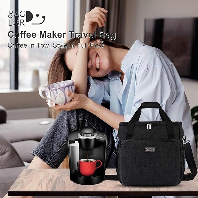 BAGLHER Coffee Maker Travel Bag Compatible with Keurig K-Slim, Keurig K-Supreme or Other Accessories, Portable Coffee Maker Case with Shoulder Strap for Travel, Black
