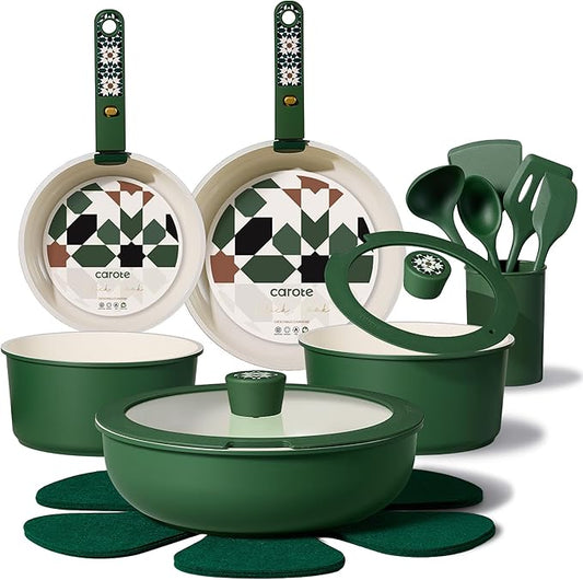 CAROTE 19Pcs Ceramic Cookware Set, Pots and Pans Set Non stick, Non Toxic Cookware Detachable Handle, Kitchen Cooking Set - Induction Cookware, Dishwasher/Oven Safe, PFAS Free, Green
