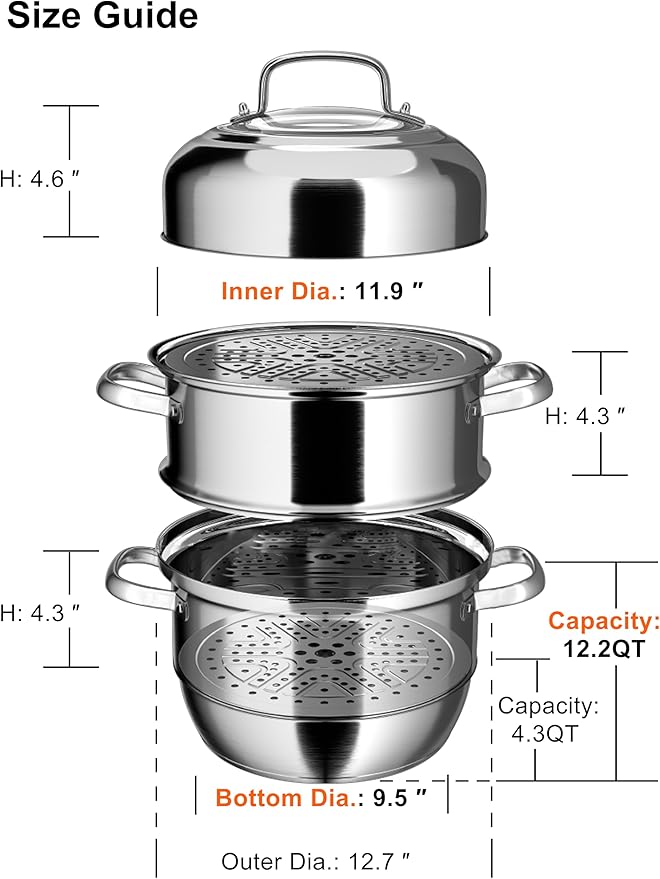 VENTION 3 tier Steamer Pot Stainless Steel Large 32cm, Induction Steamer for Cooking, 12.7 Inch Steam Pot for Dumpling