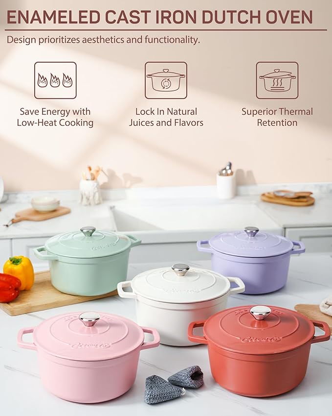 Enameled Cast Iron Dutch Oven – 4.4 Quart Pot with Lid & Potholders – Heavy-Duty Cookware for Bread Baking, Braising, Stews & Roasting – Oven & Stovetop Safe up to 500°F – Pink