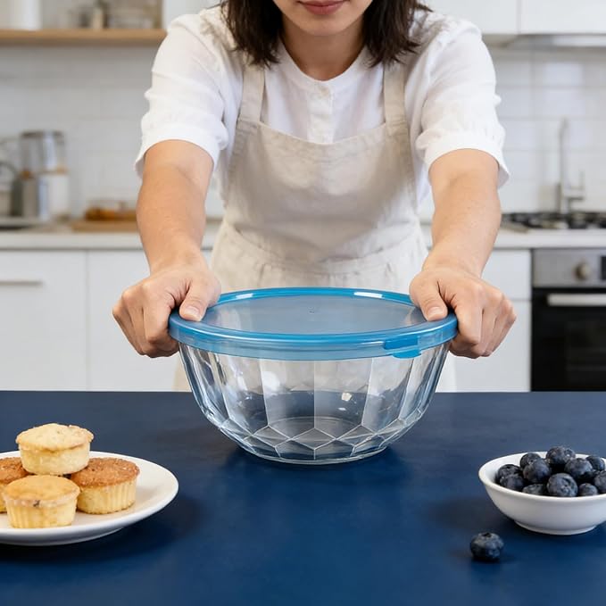 Thick Glass Mixing Bowls with Airtight Lids Set, 5-Piece Nesting Bowls for Baking & Meal Prep, BPA Free, Dishwasher Safe, 0.5/0.8/1.6/2.7/4.4 Quart - Blue