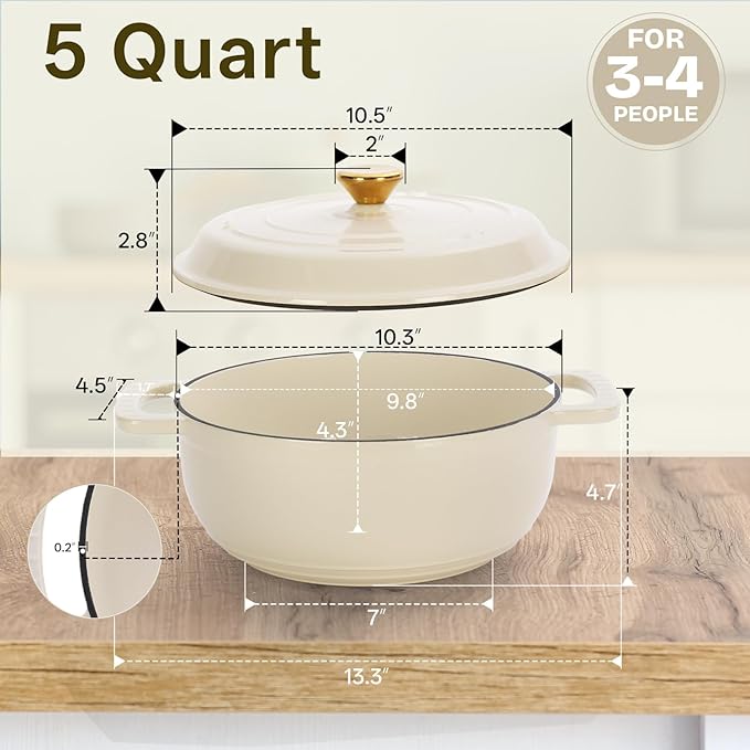 Bonnlo 5QT Round Dutch Oven, Enameled Cast Iron Dutch Oven Pot with Lid & Dual Handles, Oven Safe Up to 500° F, for Sourdough, Bread Baking, Stews and Roasting, White
