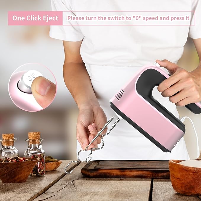 9-Speed Digital Hand Mixer Electric, 400W Powerful DC Motor, Hand Mixer Electric Handheld with Snap-On Storage Case, 5 Stainless Steel Accessories, Beaters, Dough Hooks, Whisk(Rose Gold)