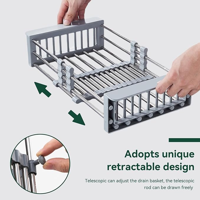 Cyrank Over The Sink Dish Drying Rack, Expandable Over Sink Grill Telescopic Drain Basket Kitchen Rack Drain Basket Sink Drying Rack(L#Grey)