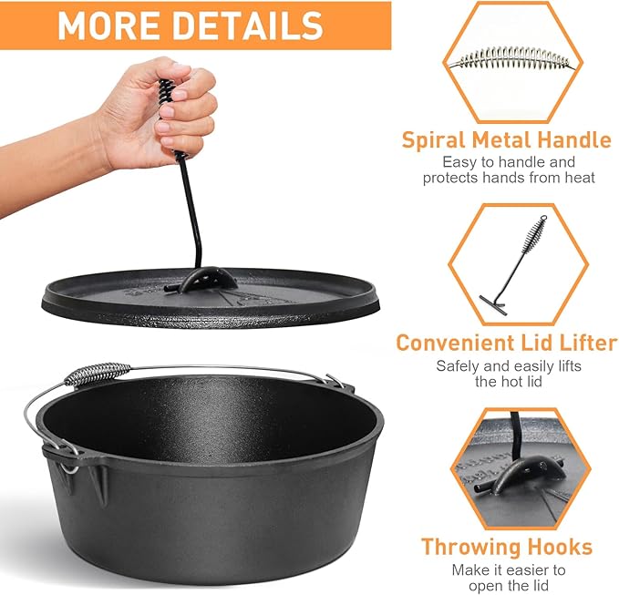 Camping Dutch Oven,12 Qt Pre-Seasoned Cast Iron Camp Dutch Oven Pot with Lid - Lid Lifter, Cast Iron Dutch Oven with Metal Handle for Cooking BBQ Baking Campfire Modern Black