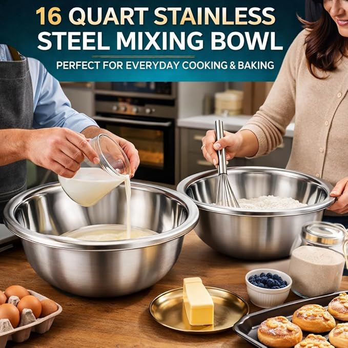 2 Pack Large Mixing Bowl, 20 Qt, 304 Stainless Steel, Polished Mirror Finish, Flat Base, for Home or Commercial Baking