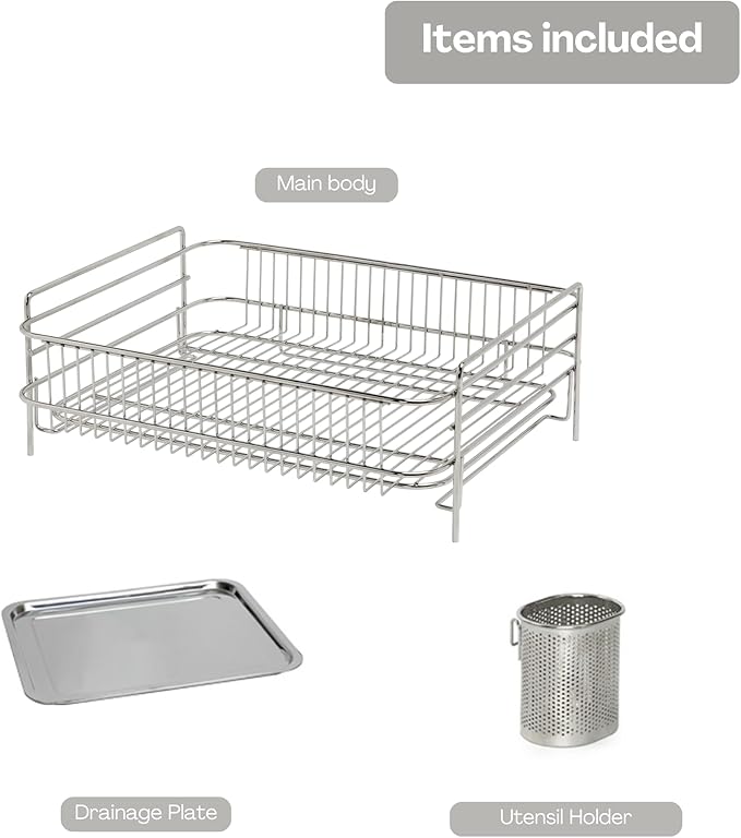 Solid Dish Rack (Stainless Steel, 5.7" H x 16.7" W x 13.9" D)