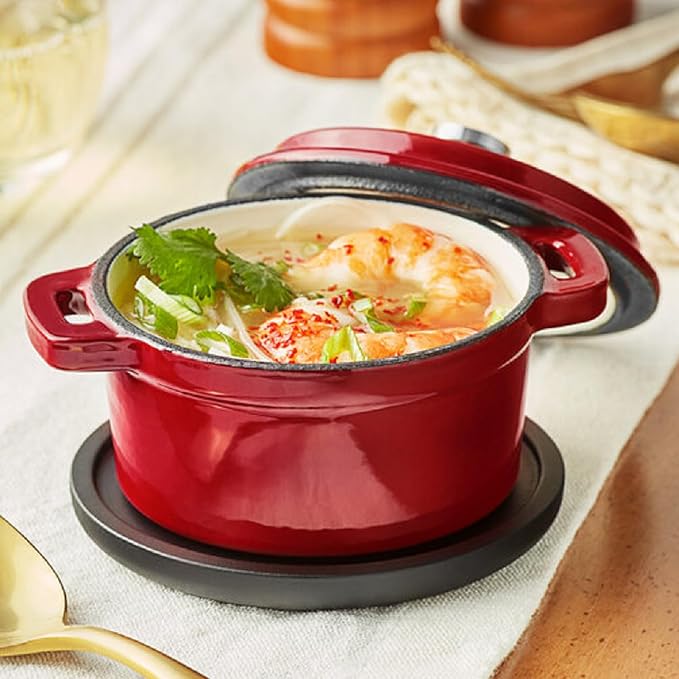 Mini Cocotte 8 oz Mini Dutch Oven 0.25 qt. Cast Iron Garlic Roaster for Oven Garlic Confit Pot Ramekins with Lids Oven Safe Set of 2, Red