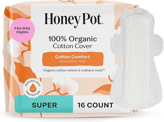 The Honey Pot Company - Sanitary Pads for Women - Non-Herbal Super w/Wings - Organic - Cotton Cover & Ultra-Absorbent Pulp Core - Feminine Care - 16 ct