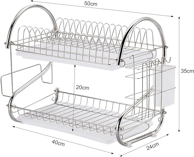 2 Tier Dish Racking System with Removable Drain Board - Sturdy Steel Kitchen Counter Organizer for Efficient Drying and Utensil Storage