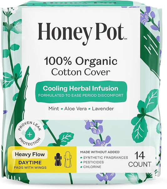 The Honey Pot Company - Herbal Sanitary Pads for Women - Heavy Flow w/Wings - Infused w/Essential Oils for Cooling Effect & Organic Cotton Cover - Feminine Care - 14 ct