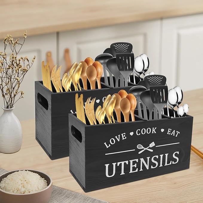 2 Pack Extra Large Kitchen Utensils Holder with 4 Compartments, Wooden Utensil Organizer for Kitchen Countertop, Farmhouse Kitchen Decor, Rustic Cooking Utensil for Knives, Forks, Spoon and Spatula