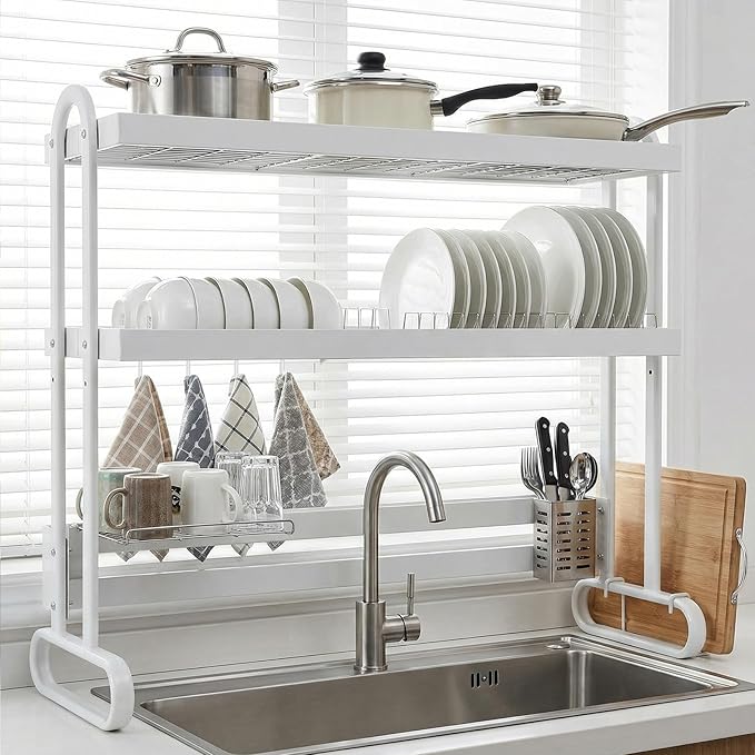 Kitchen Counter Dishrack with Utensil Holder Over Sink Dish Drying Rack Anti-Slip Thickened Sink Rack for Draining & Storing Dishes