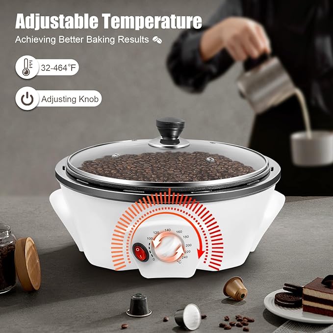 Household Coffee Bean Roasting Baking Machine,110v 800w Electric Roaster, Honeycomb Pot Bottom/Different Temperatures (32-464℉), For Beginners And Coffee Enthusiasts,Capacity 500g/1.1lbs.