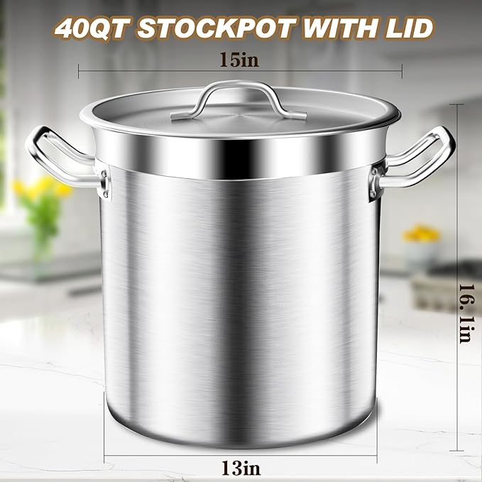 Large Stock Pot - Stainless Steel Stockpot with Lid - Heavy Duty Tri-Ply Bottom Commercial Grade Soup Pot for Cooking Soup, Stew, Canning, Oven, Gas, Ceramic, Dishwasher Safe