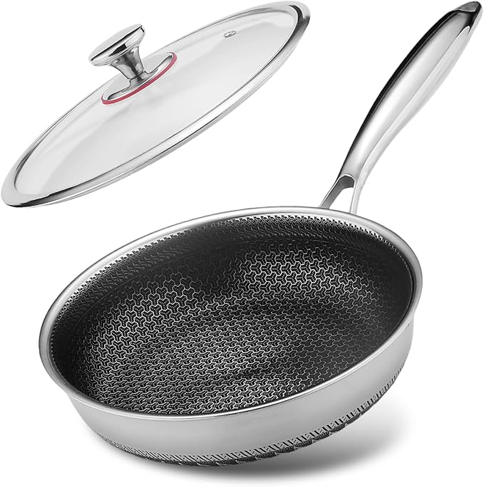 Lazycorner Non Stick Frying Pans Skillet with Lid, 8 Inch Stainless Steel Kitchen Cookware Pot, Non toxic Healthy Induction Compatible PFAS PTFE PFOA PFOS FreeCompatible PFAS PTFE PFOA PFOS Free