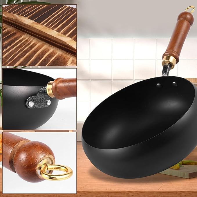 Hand-Forged Cast Iron W ok Pan, Big Belly Pot with Wood Lid, Cast Iron Frying Pan No Chem-ical Coated, Traditional Japanese Cookware for Induction, Ideal for All Hobs