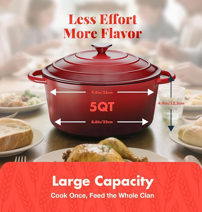 Cast Iron Dutch Oven for Bread Baking, With Banneton Bread Proofing Basket & Sourdough Baking Supplies, 5QT Multi-Functional Enameled Dutch Oven Pot with Lid, Cast Iron Bread Pan, Red