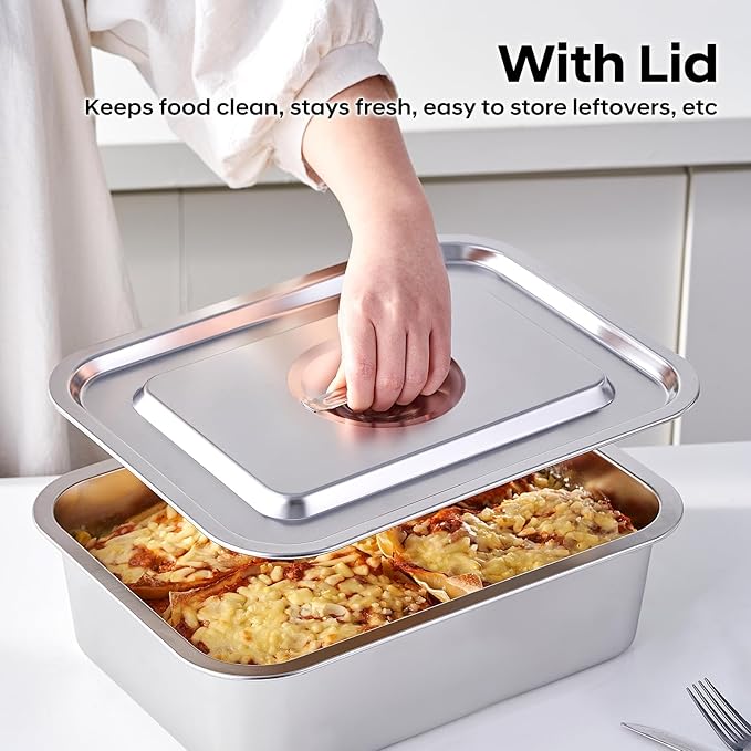 4-Piece 4 Inch Extra Deep Lasagna Pan with Lid, 11.6x15.6 Inch 9.2QT Large Stainless Steel Nonstick Lasagna Baking Roasting Dish Pan for Oven(L, 2 Pack)