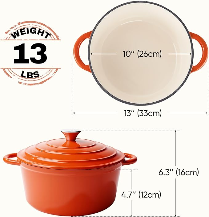 6 Quart Dutch Oven Pot with Lid, Non Stick Enameled Cast Iron Dutch Oven for Bread Baking, Heavy-Duty, Oven Safe Ceramic Cookware Up to 500°F for Baking, Braising, Stews, Roasting, Orange
