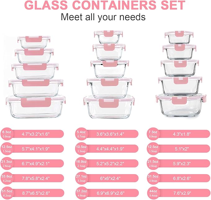 KOMUEE 30 Pieces Glass Food Storage Containers Set, Meal Prep Containers Set with Snap Locking Lids, Airtight Glass lunch Containers, Microwave, Oven, Freezer & Dishwasher,Pink