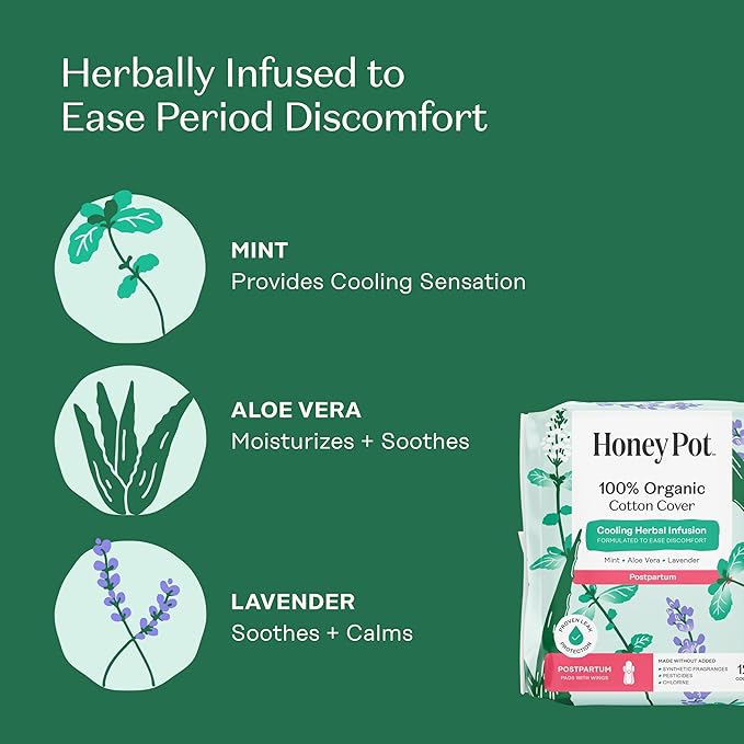 The Honey Pot Company - Herbal Postpartum Pads w/Wings - Infused w/Essential Oils for Cooling Effect, Organic Cotton Cover, & Ultra-Absorbent - Feminine Care - 12ct