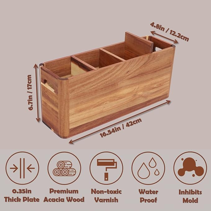 Acacia Wood Utensil Holder: Extra Large Utensil Organizer - 4 Compartment Kitchen Utensil Organizer for Countertop Or Wall