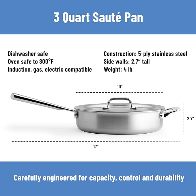 Misen 5-Ply Stainless Steel Sauté Pan with Lid - Versatile, Durable, Dishwasher and Oven Safe - Even Heating, Ergonoic Stay-Cool Handle - For Searing, Braising, and More - 3 QT