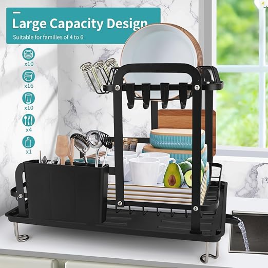Dish Drying Rack,16.5 * 11.8 * 13.6'' 2 Tier Over The Sink Dishrack Strainer,Large Capacity W/Drainboard and Utensil Holder,Auto-draining,Non-Slip for Kitchen Counter