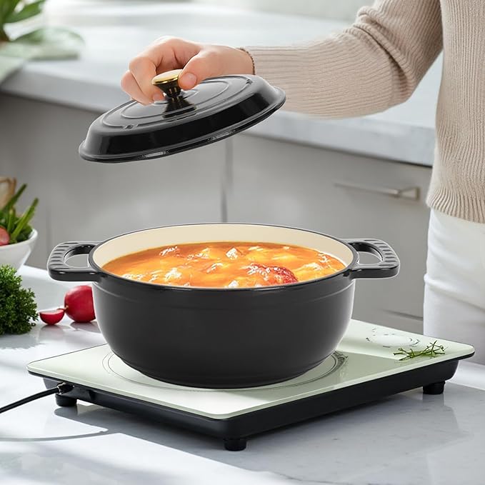 ROVSUN 5 Quart Enameled Cast Iron Dutch Oven with Lid, Dual Handles, Oven Safe up to 500°F or on Stovetop, Compatible for Braising, Stews, Roasting, Bread Baking-Black