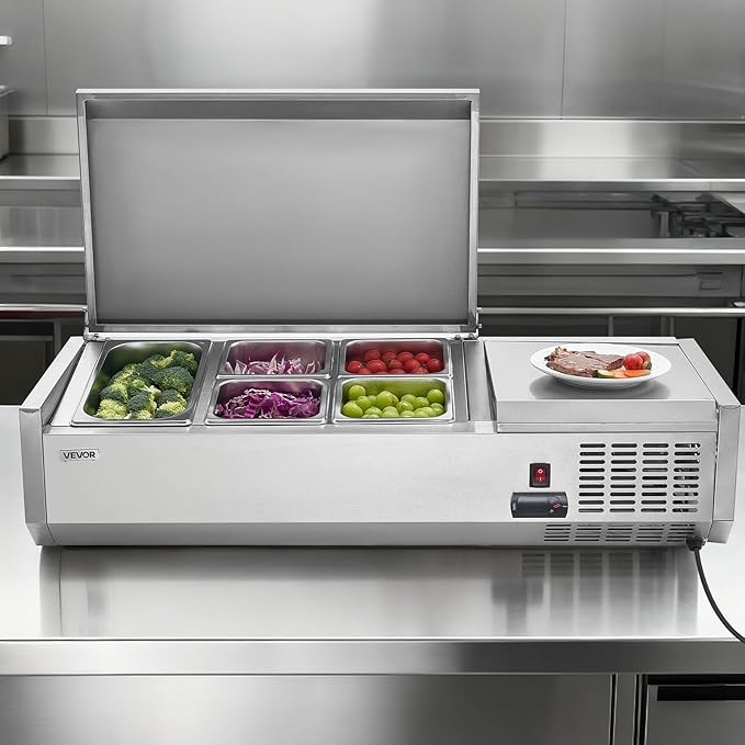 VEVOR Refrigerated Condiment Prep Station, 120 W Countertop Refrigerated Condiment Station, with One 1/3 Pan & Four 1/6 Pans, 304 Stainless Body and PC Lid, Sandwich Prep Table with Stainless Guard