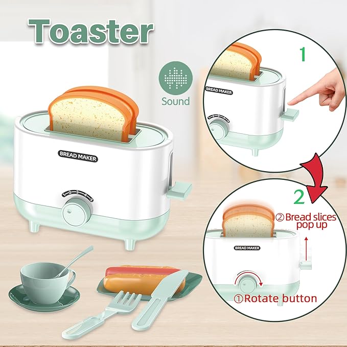 Kids Play Kitchen Accessories, Pretend Play Kitchen Appliance Toy Set with Coffee Maker, Toaster, Blender, Mixer, Kitchen Toys with Light & Sound, Play Kitchen Sets for Kids Ages 3 4 5 6
