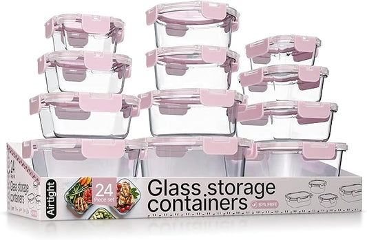 Bakken Borosilicate Glass Food Storage Containers with Lids 24 Pieces, BPA-Free Stackable Lunch & Leftover Containers, Microwave, Freezer & Dishwasher Safe, 100% Airtight Leak-Proof, Pink