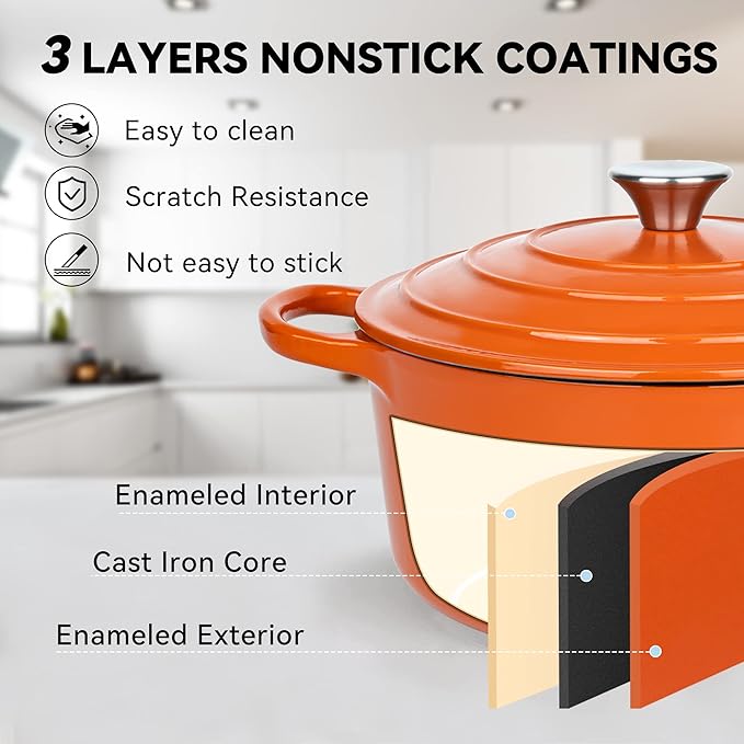 Miereirl 6 Quart Enameled Dutch Oven Pot with Lid, Cast Iron Dutch Oven with Dual Handles for Bread Baking, Cooking, Non-stick Enamel Coated Cookware (Orange)