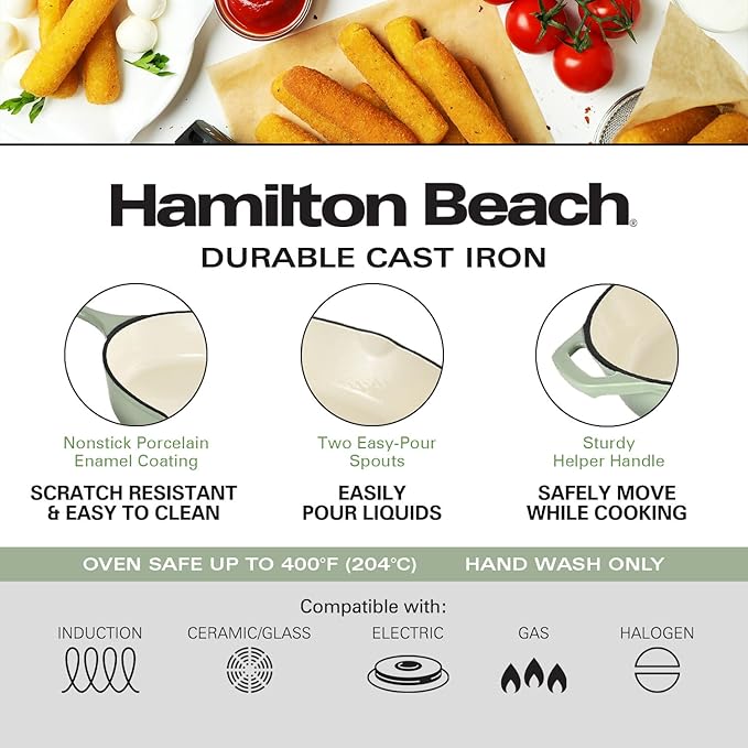 Hamilton Beach Enameled Cast Iron Fry Pan 12-Inch Sage, Cream Enamel Coating, Skillet Pan For Stove top and Oven, Even Heat Distribution, Durable