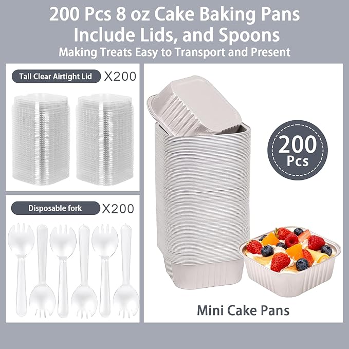 200 Pack 8 oz Silver Mini Aluminum Cake Pans with Lids and Spoons, Disposable Square Baking Cups, Oven Safe Foil Ramekins for Individual Desserts, Cupcakes, Cheesecakes Ramekins Muffin