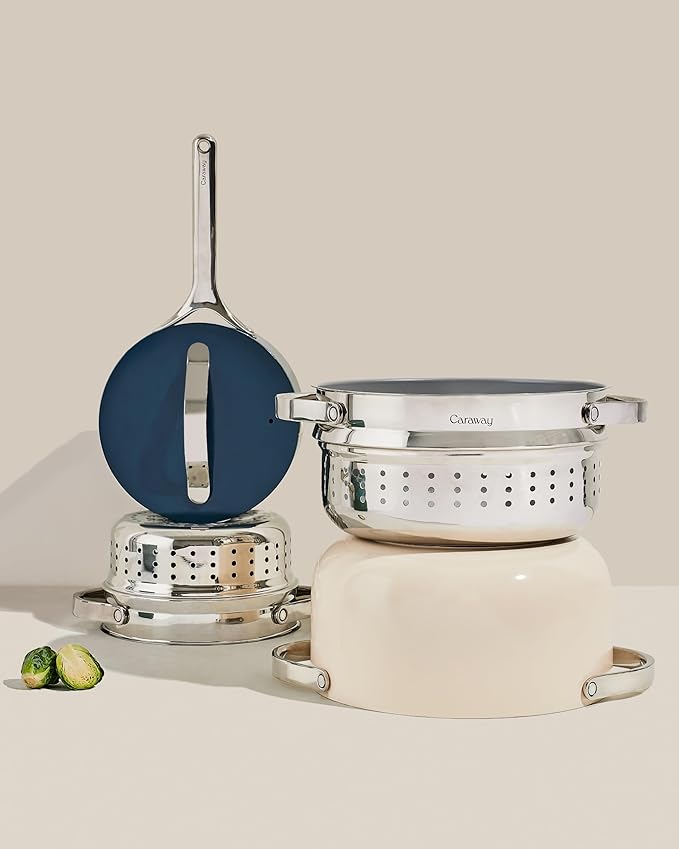 Caraway Small & Large Steamer Set – Made with Handles - Non Stick, Non Toxic Coating - Steam Veggies, Seafood, and More - Compatible With Our Dutch Oven or Sauce Pan – 3qt & 6.5qt - Stainless Steel