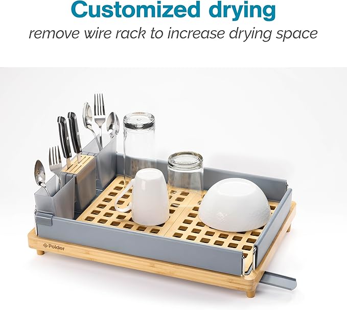 Polder Harmony Dish Rack, Sturdy Dish Drying Rack with 2 Open-Pattern Drain Trays, Dish Racks for Kitchen Counter, Drying Rack for Kitchen Storage, 19.6" x 13.5" x 6.2", Gray