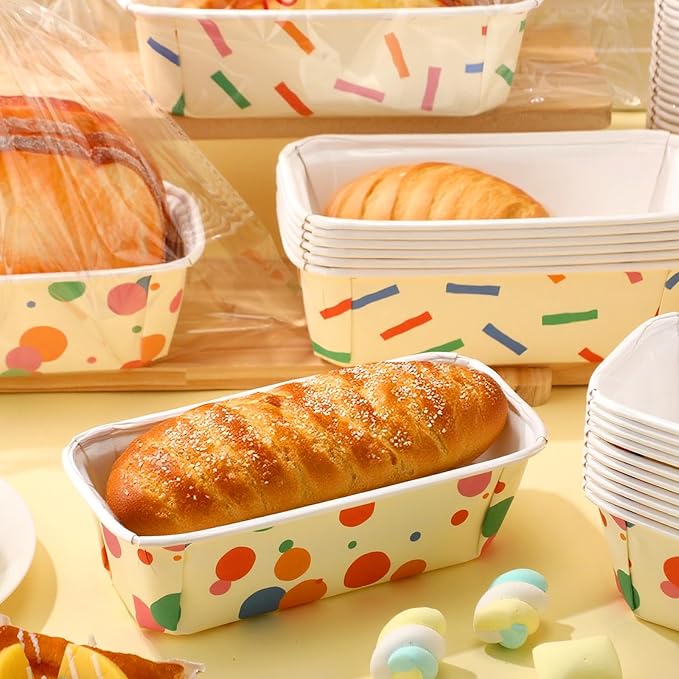 Honeydak 100 Sets Mini Loaf Pans Disposable Holiday Paper Baking Pans Bulk for Baking 6.3 x 2.2 x 2.2 in Mini Loaf Trays with Clear Plastic Packaging Bags and Ties Rectangle Food Trays (Confetti)
