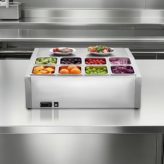 VEVOR Refrigerated Condiment Prep Station, 150 W Countertop Refrigerated Condiment Station, with Eight 1/6 Pans, 304 Stainless Body and PC Lid, Sandwich Prep Table, for Restaurant & Food Stall