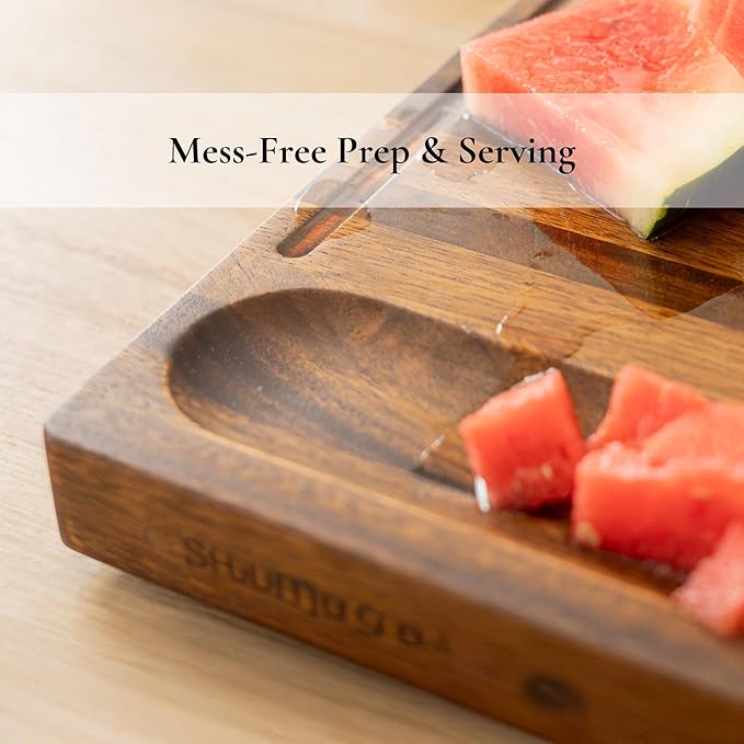 SHUMARU Tropical Walnut Wood Cutting Board – 17x13x1.6" Charcuterie | Handmade in Bali - Silky-Smooth, Juice Groove, Sorting Compartment, Knife‑Friendly, Ergonomic Grips & Non‑Slip Feet