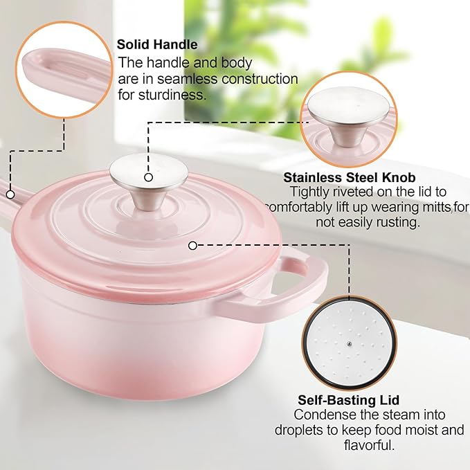 Enameled Cast Iron Sauce Pan, 1 Quart Enameled Saucepan with Lid, Mini Dutch Oven Enamel Saucepan for Cooking Pasta Sauce, Gravy, Puddings, Marinate, Boiling (Gradient Pink)