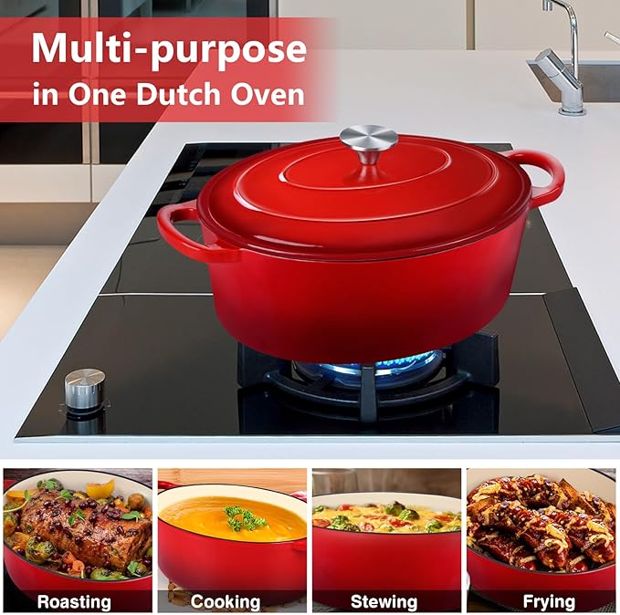 P&P CHEF Oval Dutch Oven with Lid, Enameled Cast Dutch Oven Pot for Bread Baking, Braising, Stewing, Roasting, Non-Stick & Oven Safe, Dual Handles & Easy Clean, 7QT & Red, Valentine's Day