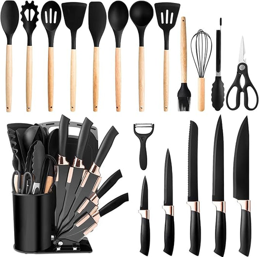 Kitchen Utensil Set,20 Pieces Kitchen Stainless Steel Knives Set Silicone Cooking Utensil with Wooden Handles,Home Kitchenware Accessories Cookware with Stand Block (Black)