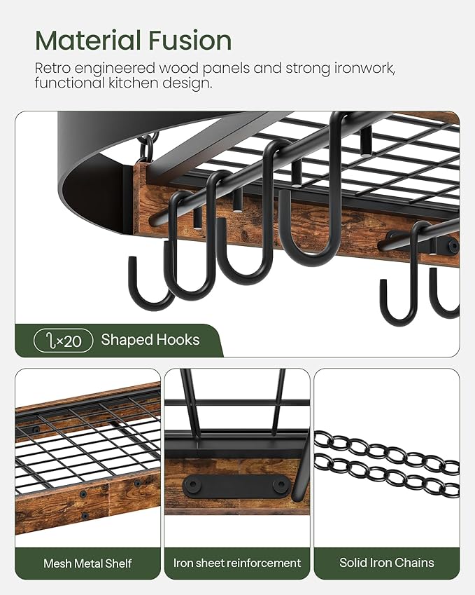 39.4-Inch Hanging Pot Rack, Space-Saving Pot Hanger for Kitchen, Ceiling Pan Hanging Rack with 16 Detachable S Hooks, Sturdy Metal Frame, Industrial Style, Rustic Brown and Black TPR10BF