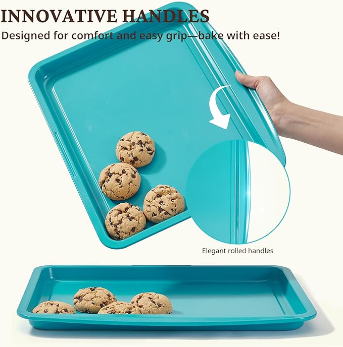 BRONYPRO Ceramic Baking Pans Set, 9-Piece Baking Sheet Set with Non-Stick Coating and Innovative Handles, Includes Exclusive Donut Pan – Ideal for Home and Professional Baking(Turquoise)