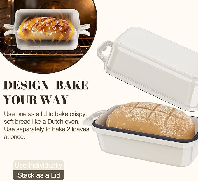 Enameled Cast Iron Sourdough Bread Dutch Oven, Cast Iron Loaf Bread Pan for Homemade Bread Baking, 2PCS 9 x 5Inch Meatloaf Pan with Lid, Oven Safe, Cream