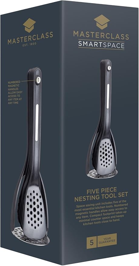 KitchenCraft MasterClass Smart Space Nesting Magnetic Kitchen Utensil Set, Silicone, Black, 9 x 9 x 30 cm, Pack of 5