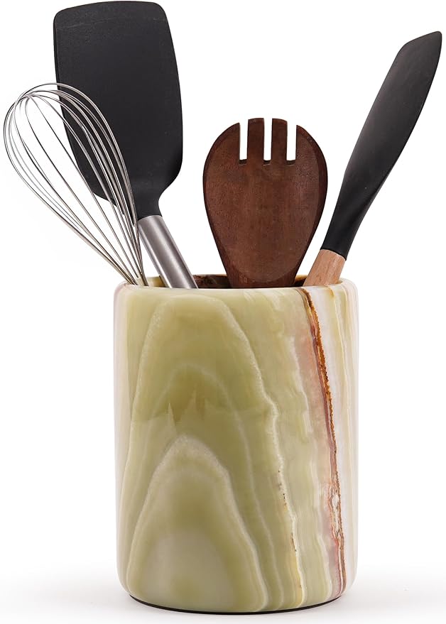 Marble Utensil Holder 6.5 Inch Green Wooden Cooking Utensils Set & Spatula Organizer for Kitchen Counter, Stone Utensil Crock & Caddy for Spoon Holder & Farmhouse Decor